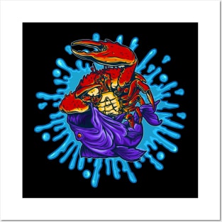 crabs fight fish illustration Posters and Art